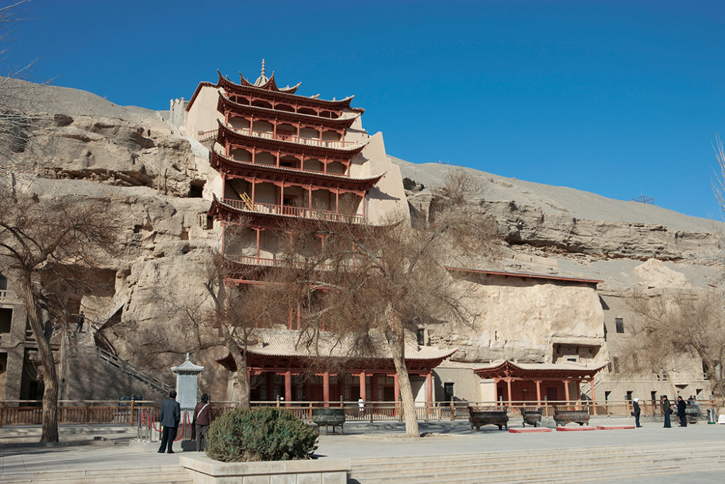 The nine-story temple (Cave 96) houses a colossal Tang dynasty Buddha statue some 33 meters Cave 275 view of the interior and sculpture of a bodhisattva, Northern Liang dynasty (108 feet) high. Mogao caves, Dunhuang, China. Photo: ©Dunhuang Academy