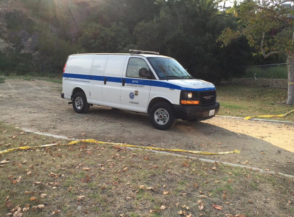 L.A. County Coroner's van on June 24, 2016 in Temescal Canyon. Photo: Sue Pascoe