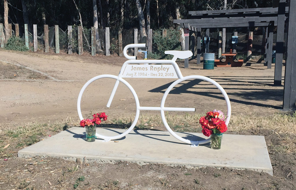Although the bike in Temescal Canyon Park looks like a ghost bike memorial, this metal structure carved with the name James Rapley (a biker who was struck and killed by a motorist) is actually a bike rack.