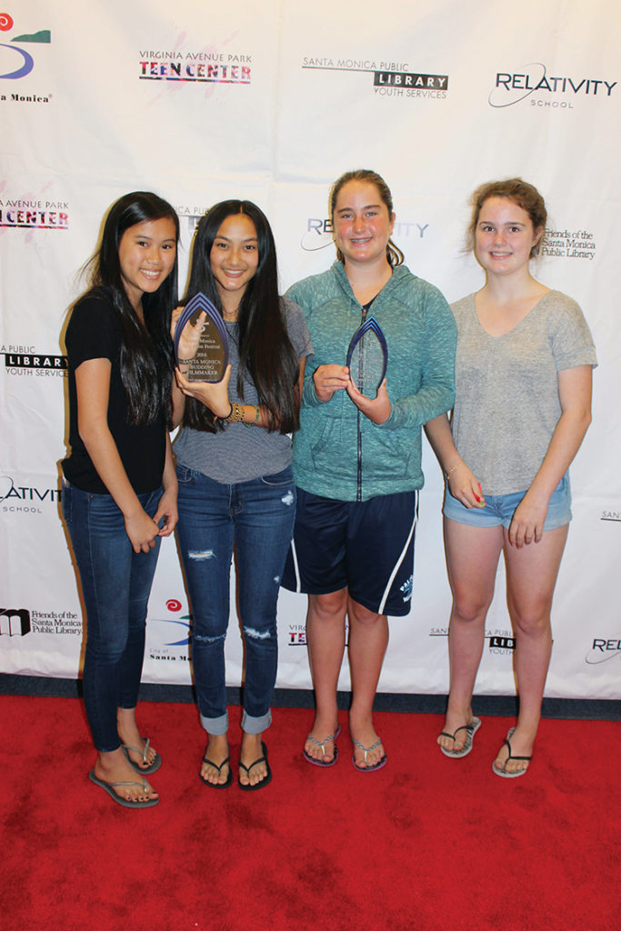 The filmmakers who won two major awards included (left to right) Tessa and Chloe Smigla, Rose Morris and Anna Cooper. Not pictured: Becca Whitaker and Kira Prudente