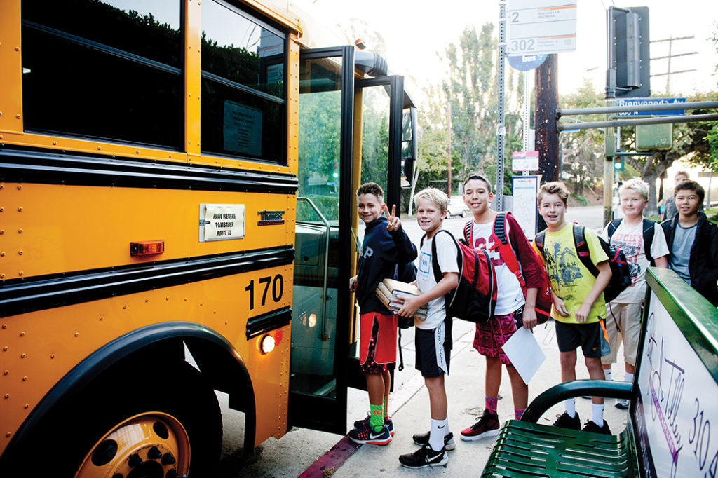 (Left to right) Jack Bentley (6th grade), Blake Pecsok (6th), Luke Shuman (7th), Milo Dunne (6th), Finn Dunne (7th) and Brady Hall (6th) are among the Palisades students taking the parent-sponsored bus to Revere. Photo: Lesly Hall