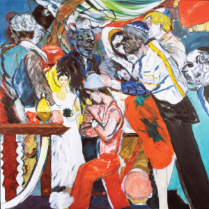 The Wedding (1989-93) by R.B. Kitaj. David Hockney was best man and Frank Auerbach gave away the bride at the early 18th-century Sephardic Synagogue. Lucian Freud and Leon Kossoff, along with Auerbach, helped to make up an artistic minyan, the group of 10 Jewish men required for an Orthodox service. Photoo courtesy Tate, London 2016